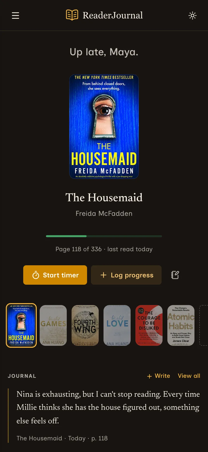 ReaderJournal dashboard on a mobile screen