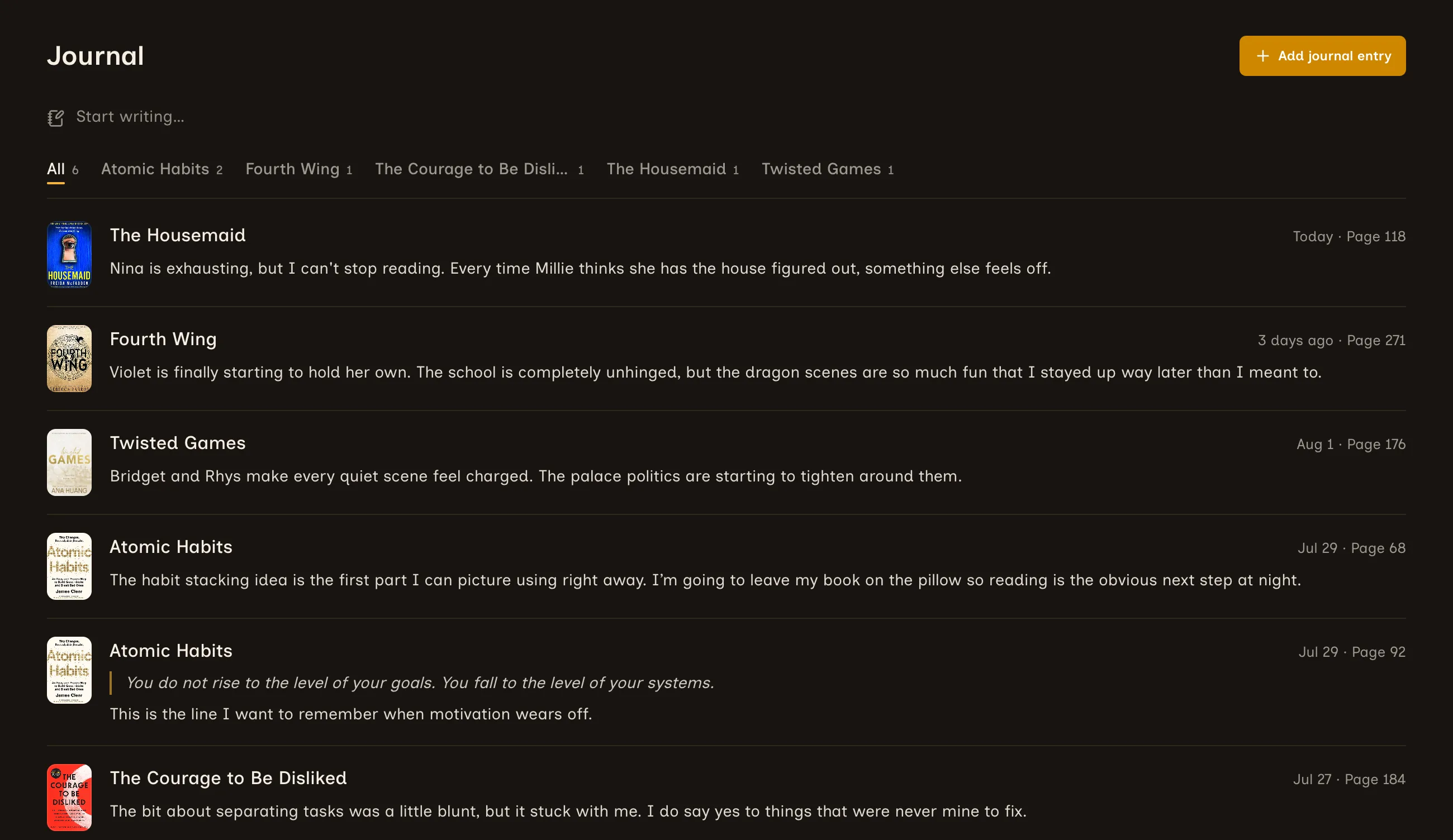 ReaderJournal journal with two Atomic Habits entries, a saved quote, and notes from other books