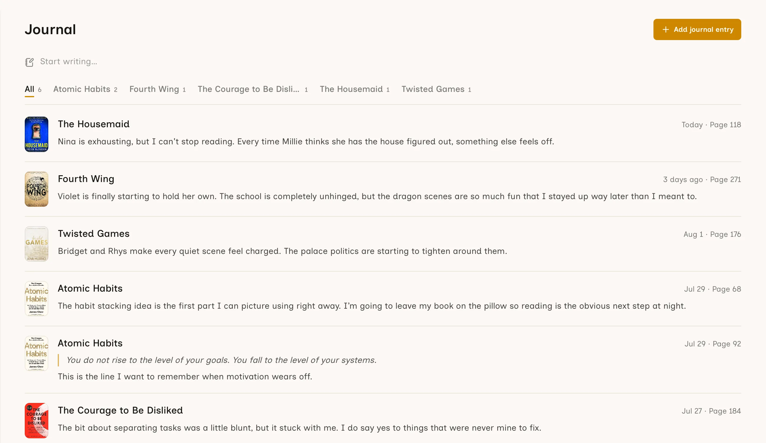 ReaderJournal journal with two Atomic Habits entries, a saved quote, and notes from other books