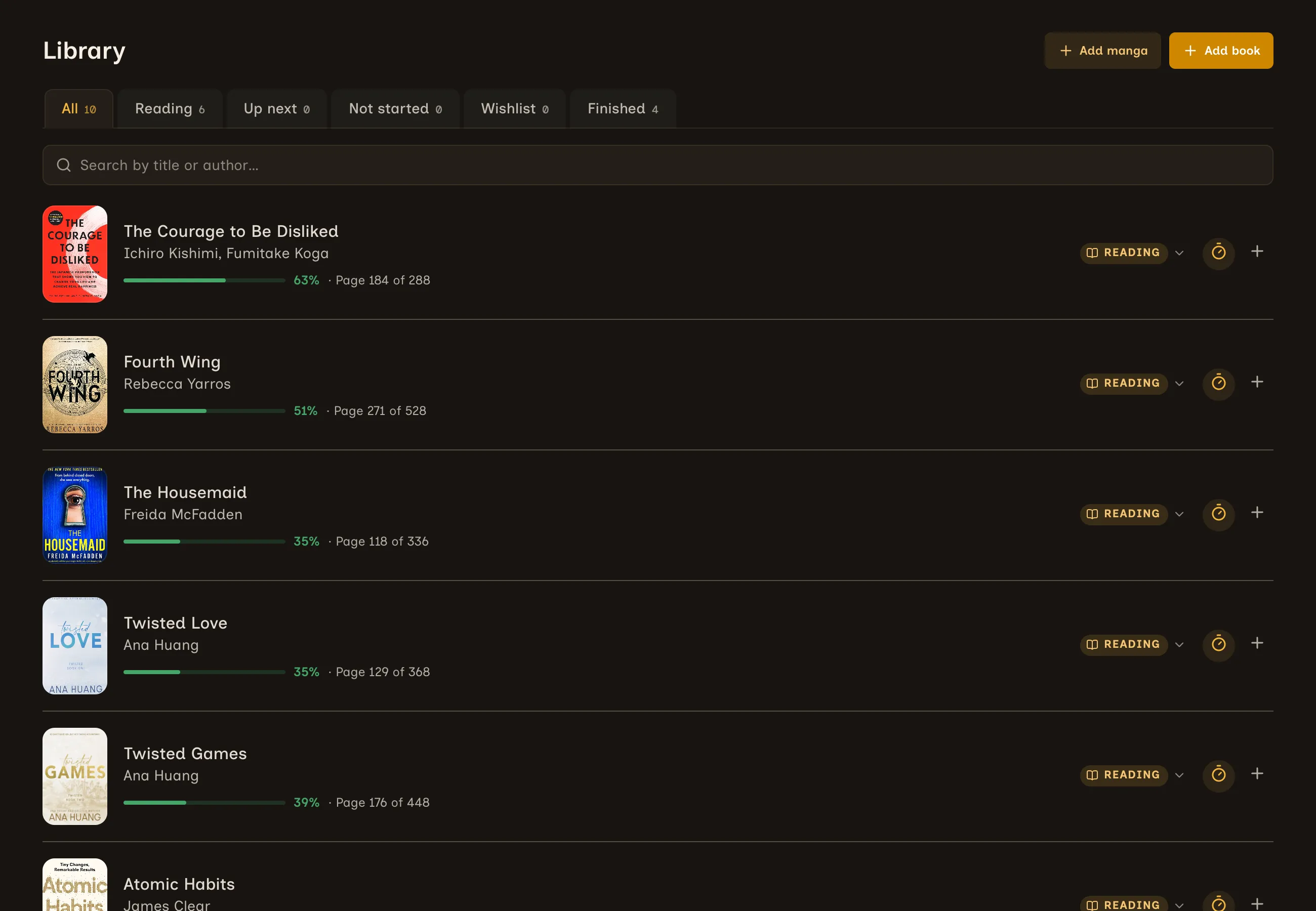 ReaderJournal library with reading progress for current and finished books