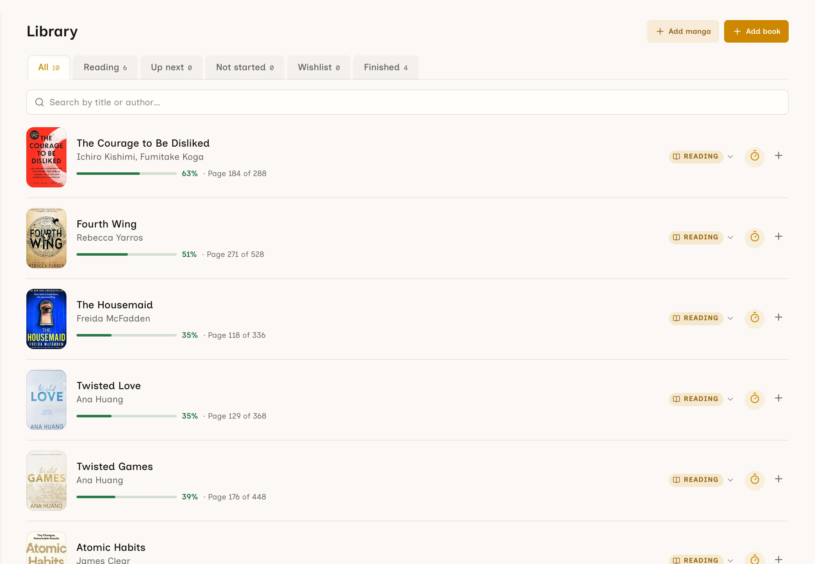 ReaderJournal library with reading progress for current and finished books