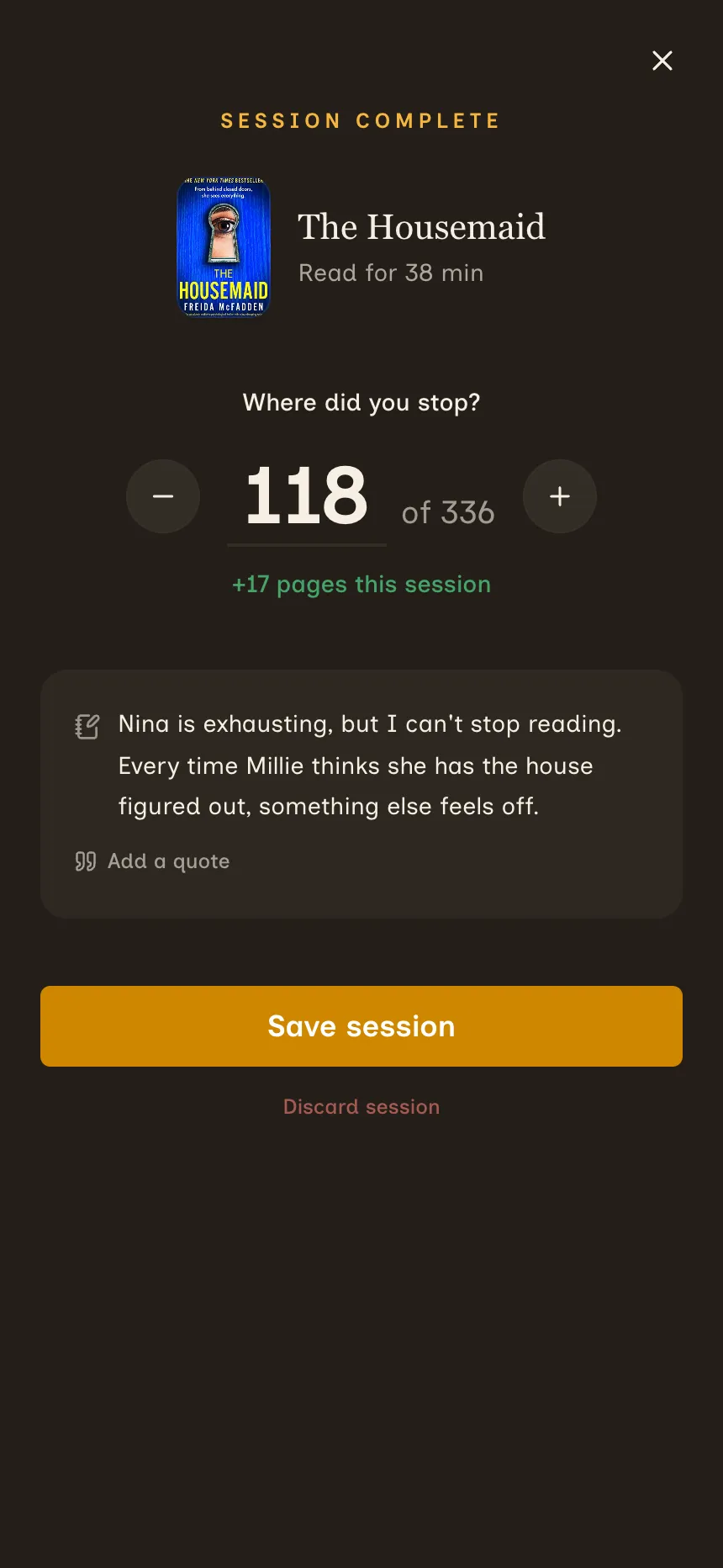 ReaderJournal completed reading timer with page progress and a journal note on a mobile screen