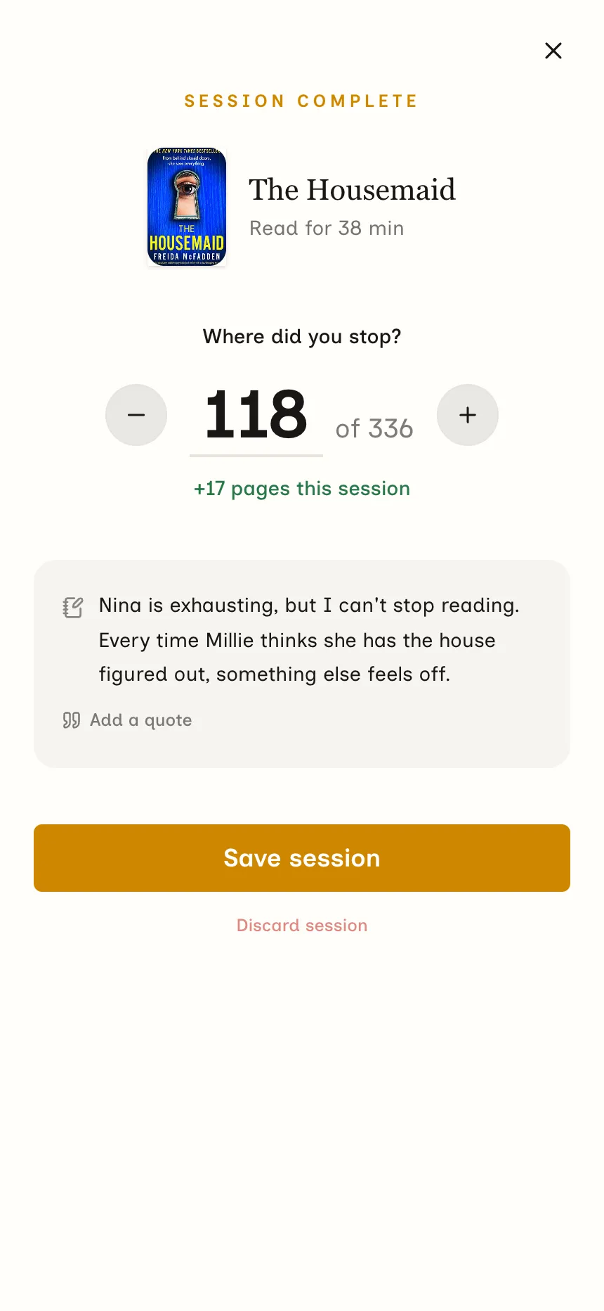 ReaderJournal completed reading timer with page progress and a journal note on a mobile screen